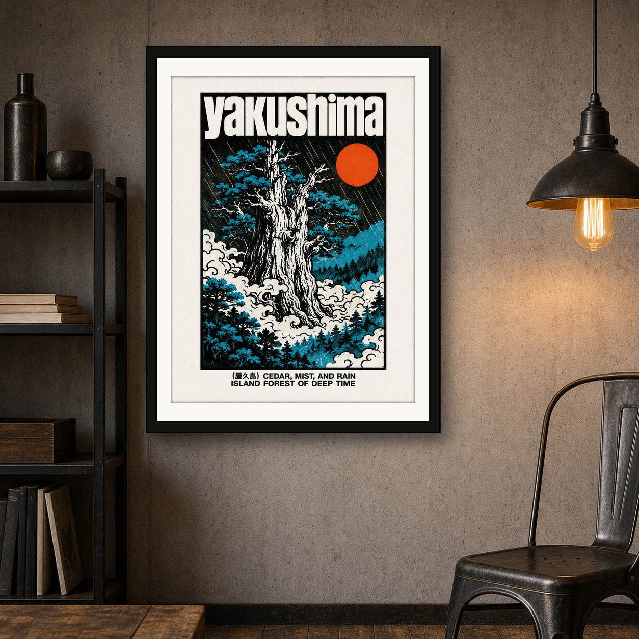 Yakushima Forest Art Print, Japanese Cedar & Mist Poster, Retro Japan Travel Wall Art in Your Choice of Six Sizes - corrected 3x4 room mockup