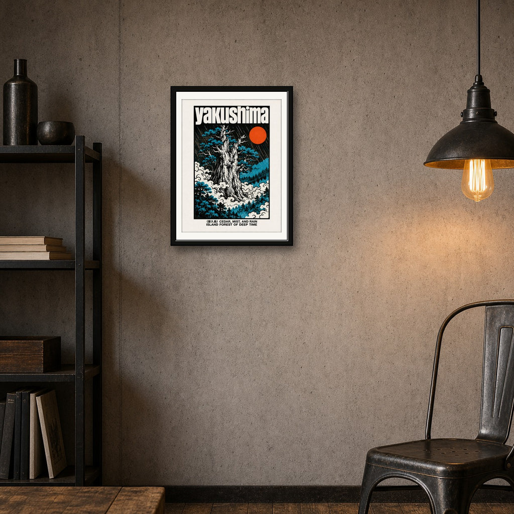 Yakushima Forest Art Print, Japanese Cedar & Mist Poster, Retro Japan Travel Wall Art in Your Choice of Six Sizes - corrected 3x4 room mockup