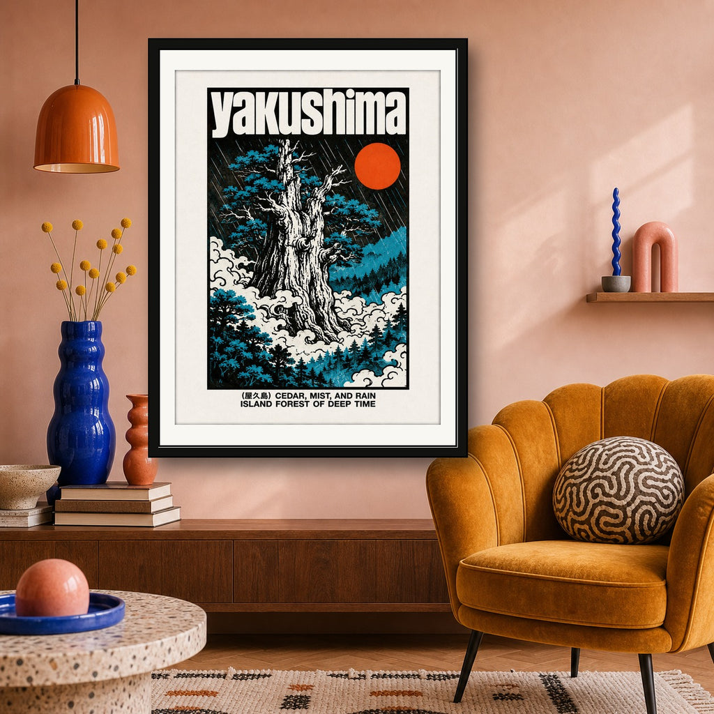 Yakushima Forest Art Print, Japanese Cedar & Mist Poster, Retro Japan Travel Wall Art in Your Choice of Six Sizes - corrected 3x4 room mockup