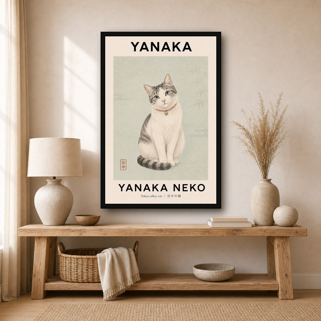 Yanaka Neko Cat Poster, Tokyo Alley Cat Wall Art, Japanese Aesthetic Pet Print in Multiple Sizes - 2x3 room mockup
