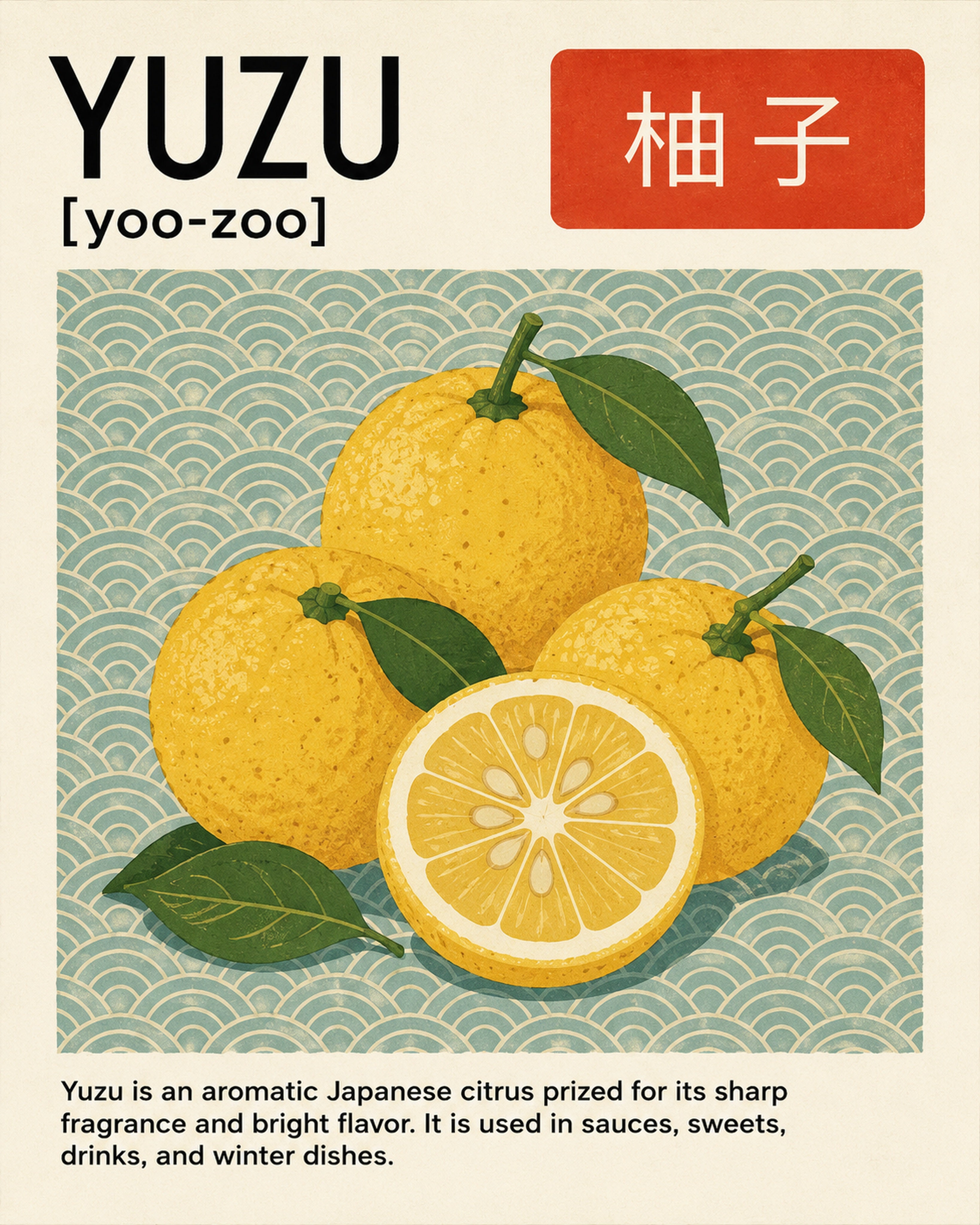 Yuzu Citrus Poster, Japanese Fruit Wall Art, Aesthetic Kitchen Decor, Vintage Japan Travel Print