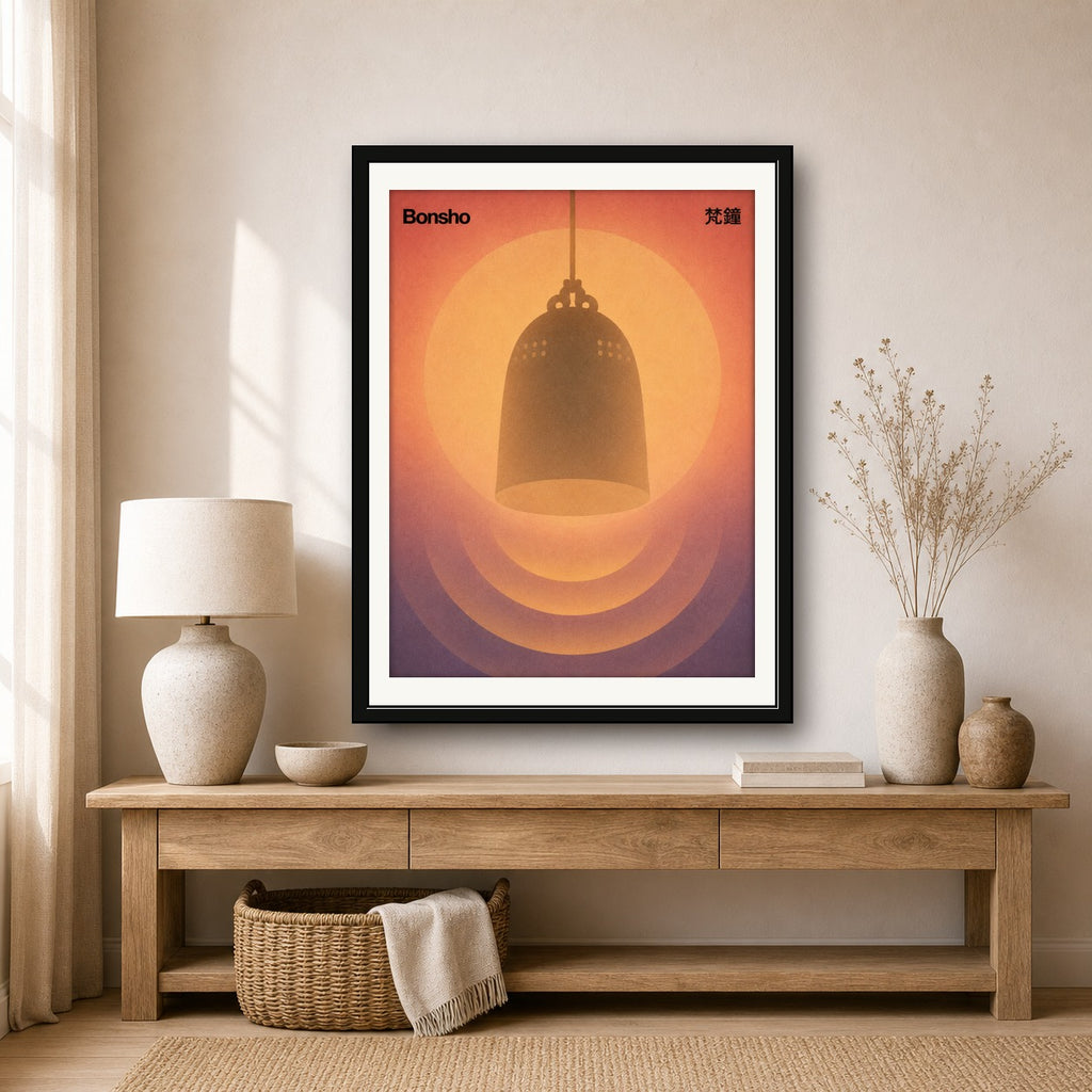 Zen Bonsho Bell Poster, Japanese Temple Art, Serene Gradient Wall Decor in Multiple Sizes - corrected 3x4 room mockup