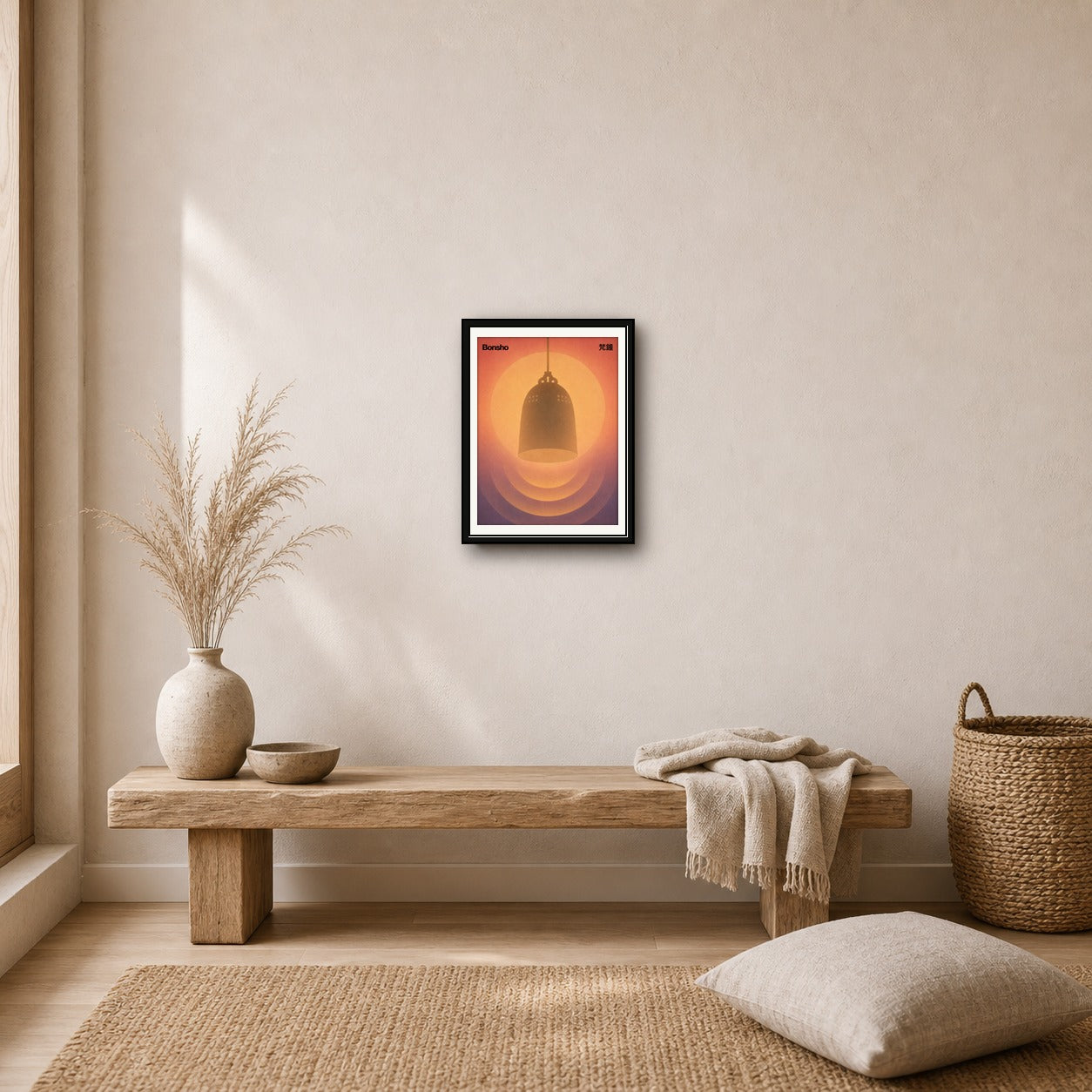 Zen Bonsho Bell Poster, Japanese Temple Art, Serene Gradient Wall Decor in Multiple Sizes - corrected 3x4 room mockup