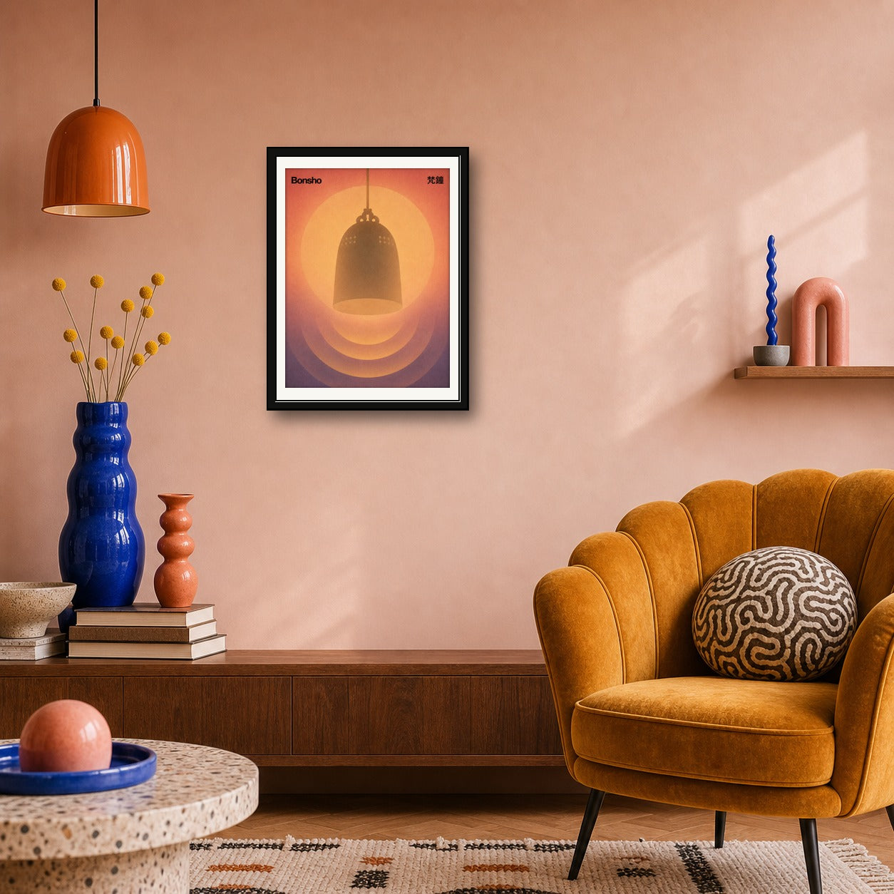 Zen Bonsho Bell Poster, Japanese Temple Art, Serene Gradient Wall Decor in Multiple Sizes - corrected 3x4 room mockup