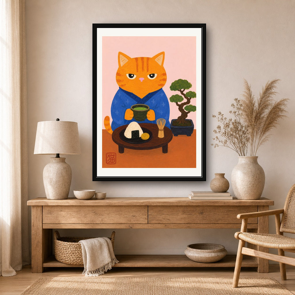 Zen Cat Matcha Poster: Japanese Art Print, Cute Feline Decor for Serene Spaces, in your choice of six sizes - corrected A room mockup