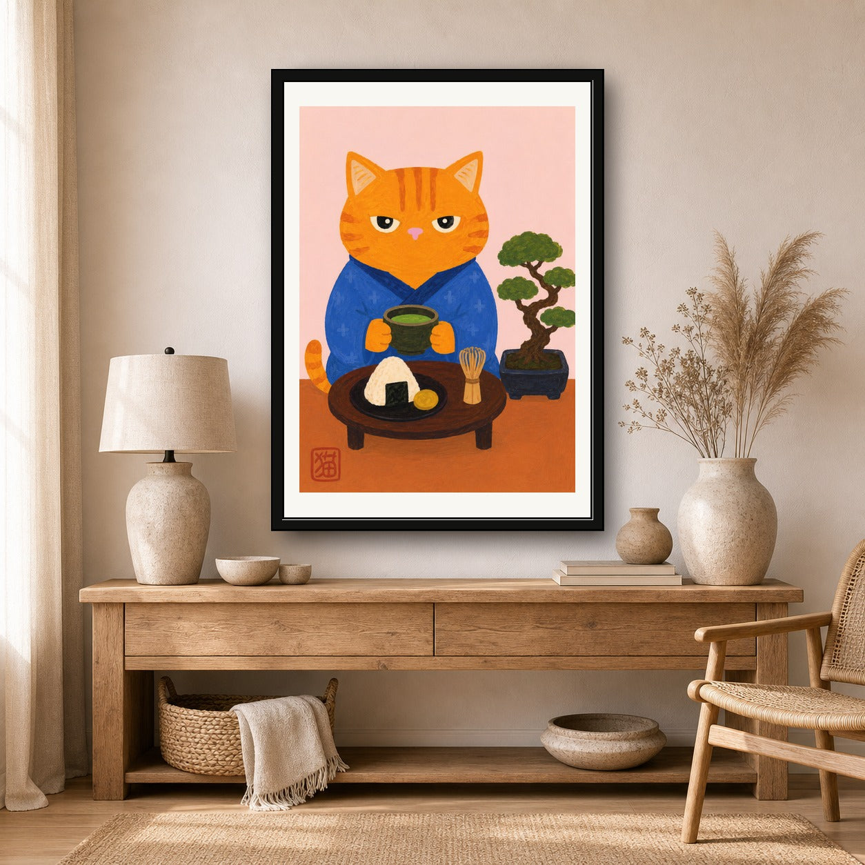 Zen Cat Matcha Poster: Japanese Art Print, Cute Feline Decor for Serene Spaces, in your choice of six sizes - corrected A room mockup