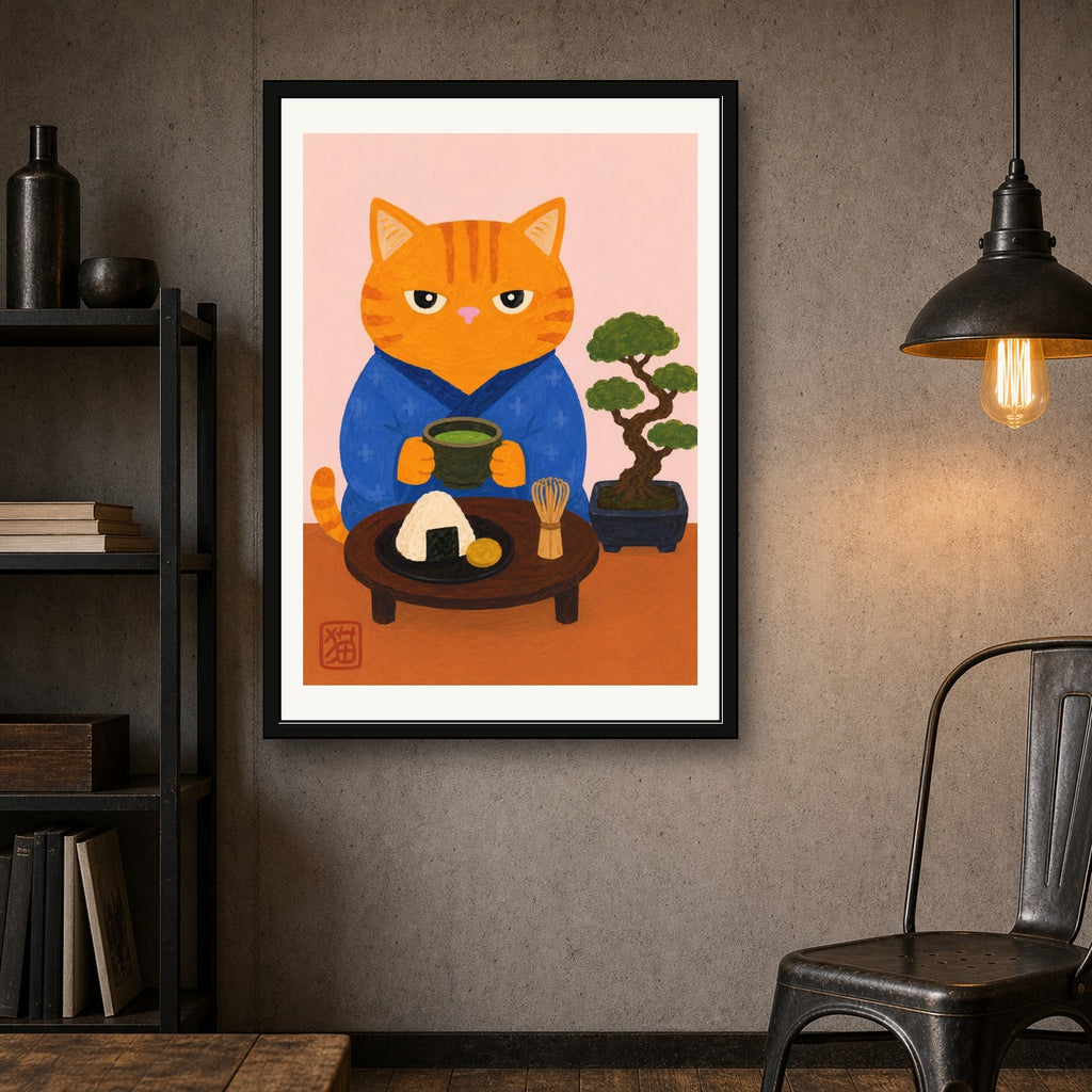 Zen Cat Matcha Poster: Japanese Art Print, Cute Feline Decor for Serene Spaces, in your choice of six sizes - corrected A room mockup