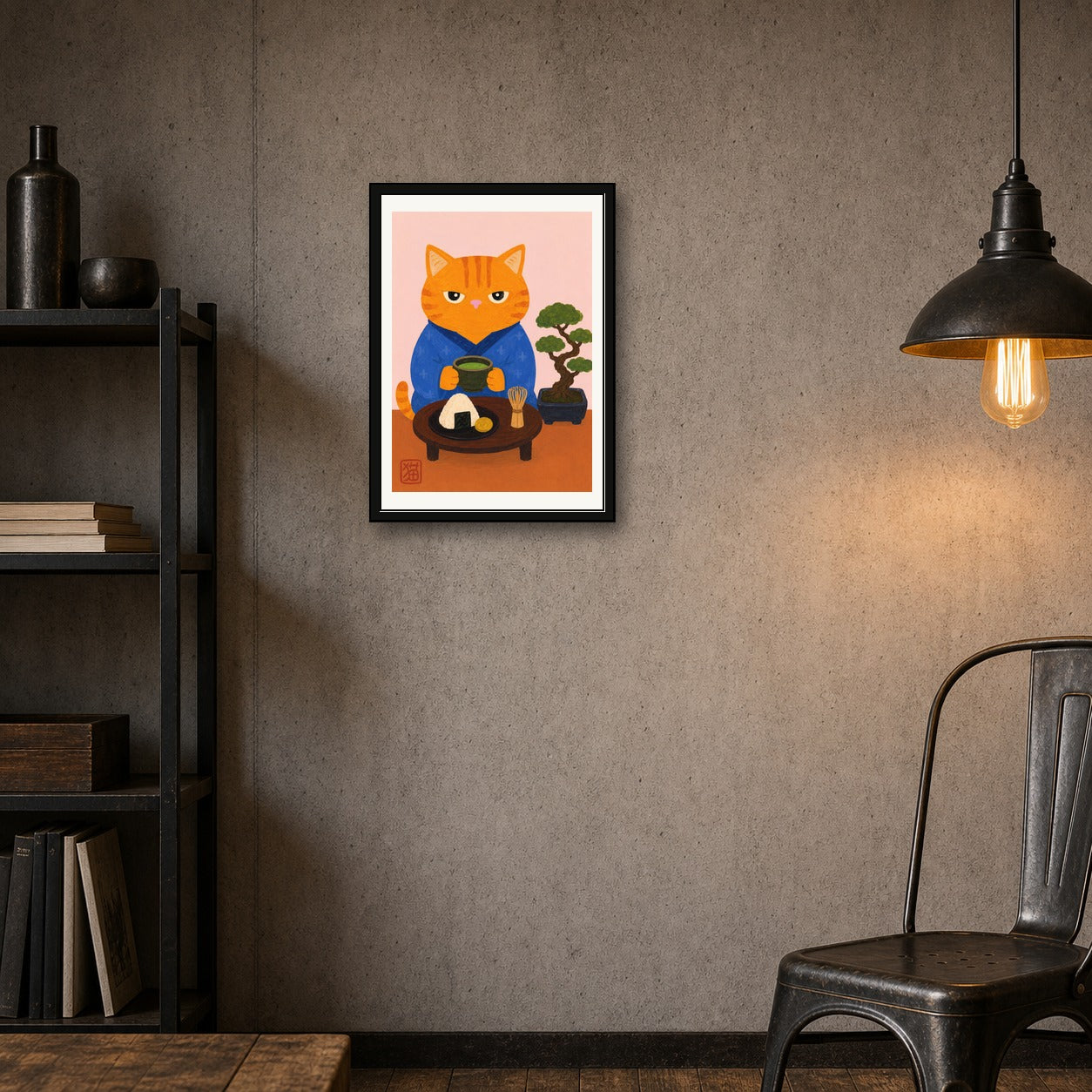 Zen Cat Matcha Poster: Japanese Art Print, Cute Feline Decor for Serene Spaces, in your choice of six sizes - corrected A room mockup