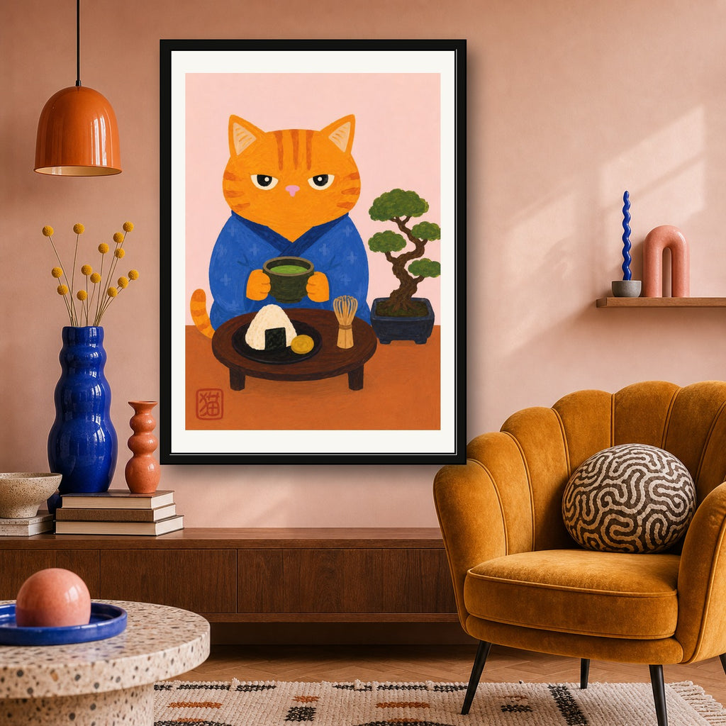 Zen Cat Matcha Poster: Japanese Art Print, Cute Feline Decor for Serene Spaces, in your choice of six sizes - corrected A room mockup