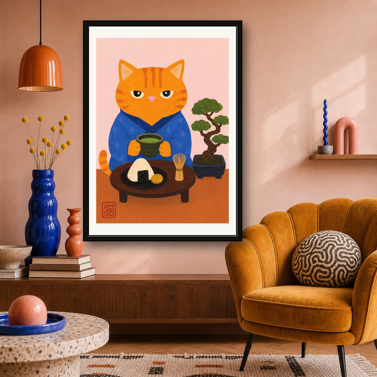 Zen Cat Matcha Poster: Japanese Art Print, Cute Feline Decor for Serene Spaces, in your choice of six sizes - corrected A room mockup