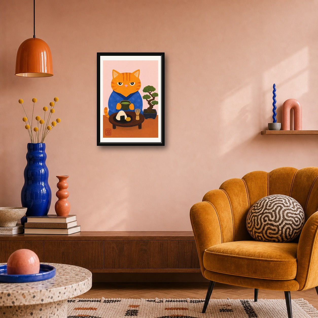 Zen Cat Matcha Poster: Japanese Art Print, Cute Feline Decor for Serene Spaces, in your choice of six sizes - corrected A room mockup