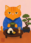 Zen Cat Matcha Poster: Japanese Art Print, Cute Feline Decor for Serene Spaces, in your choice of six sizes - corrected A flat artwork