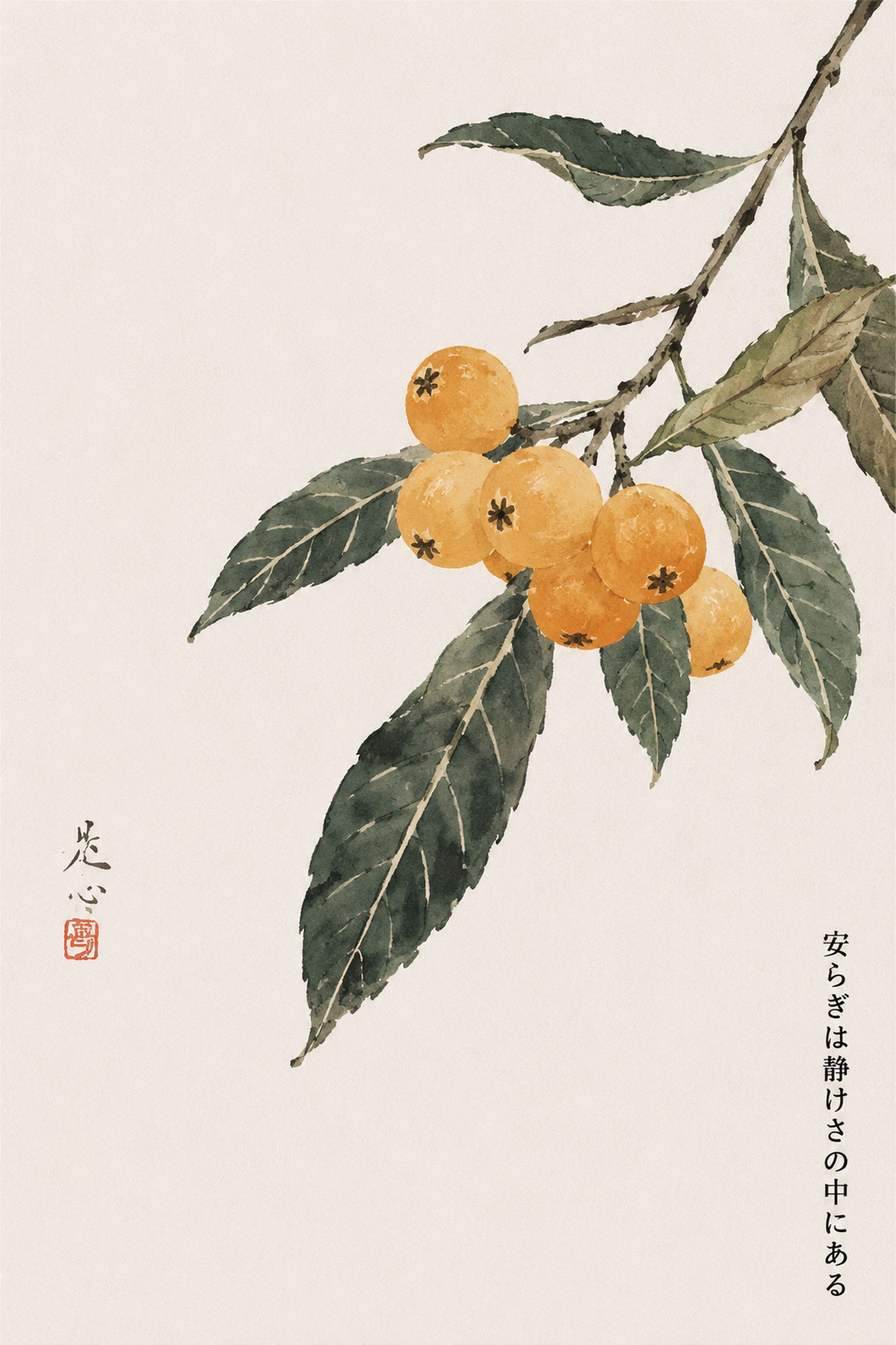 Zen Citrus Branch Watercolor Print, Japanese Botanical Wall Art, Tranquil Loquat Home Decor Poster in Multiple Sizes