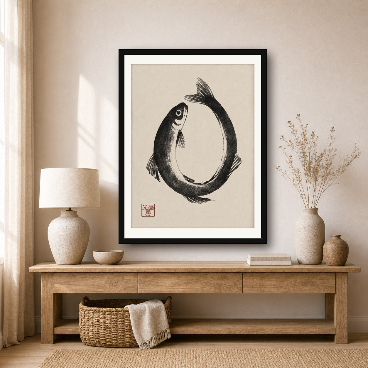 Zen Enso Fish Art Print - Japanese Sumi-e Inspired Wall Decor, Minimalist Black & Beige Poster - corrected 3x4 room mockup