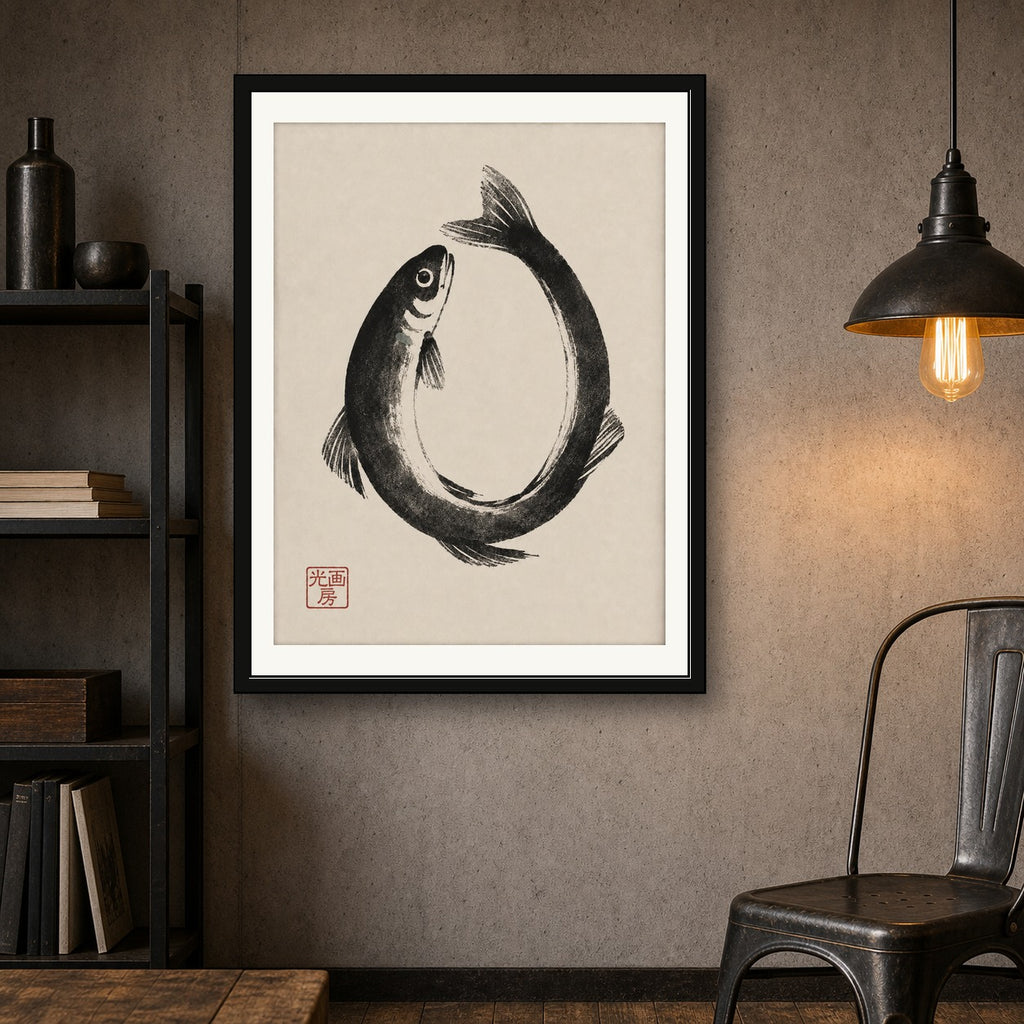 Zen Enso Fish Art Print - Japanese Sumi-e Inspired Wall Decor, Minimalist Black & Beige Poster - corrected 3x4 room mockup