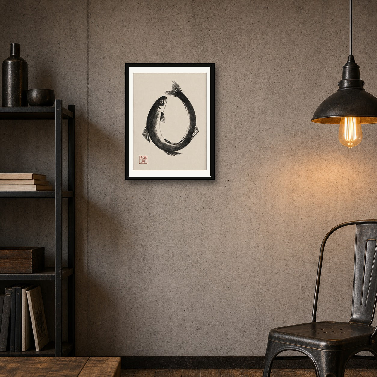 Zen Enso Fish Art Print - Japanese Sumi-e Inspired Wall Decor, Minimalist Black & Beige Poster - corrected 3x4 room mockup