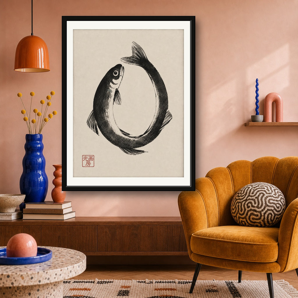 Zen Enso Fish Art Print - Japanese Sumi-e Inspired Wall Decor, Minimalist Black & Beige Poster - corrected 3x4 room mockup