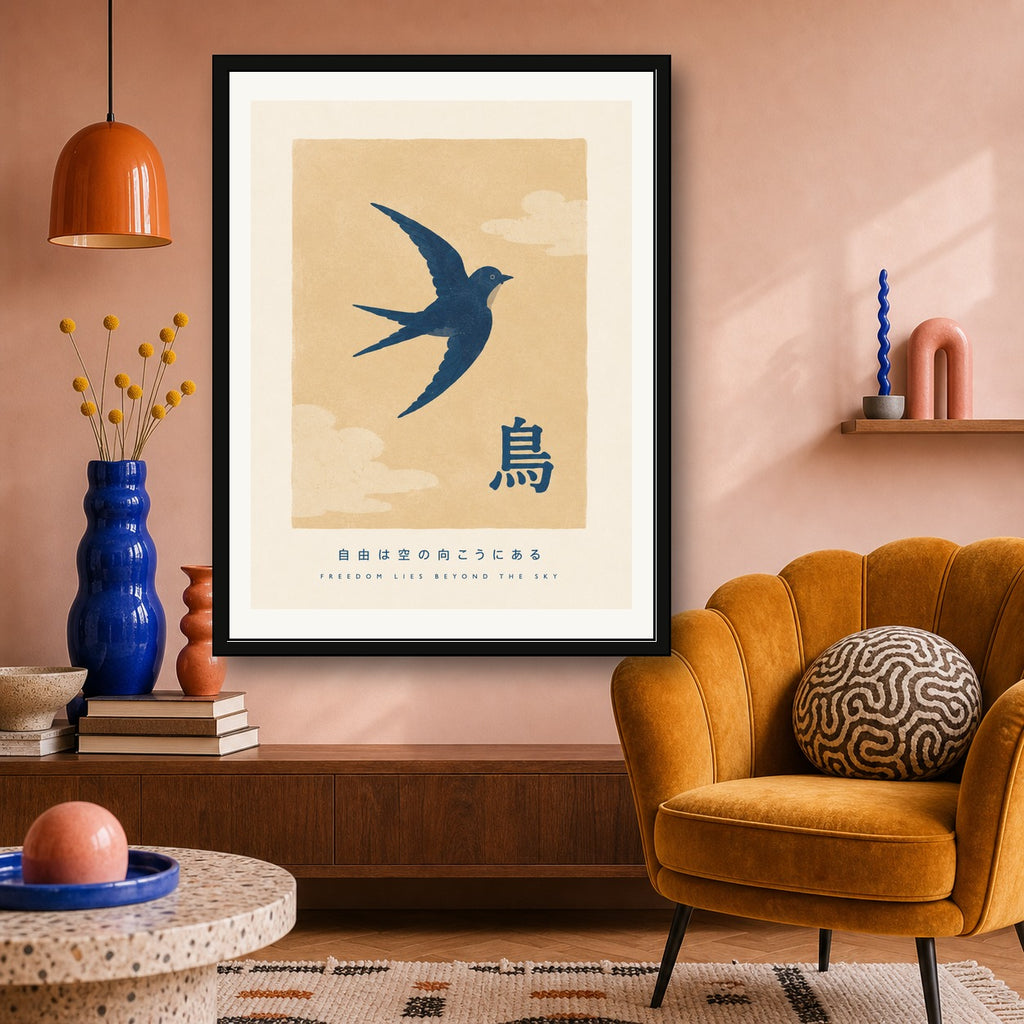 Zen Flight Swallow Poster, Japanese-Inspired Serene Bird Wall Art, in Your Choice of Six Sizes - corrected 3x4 room mockup