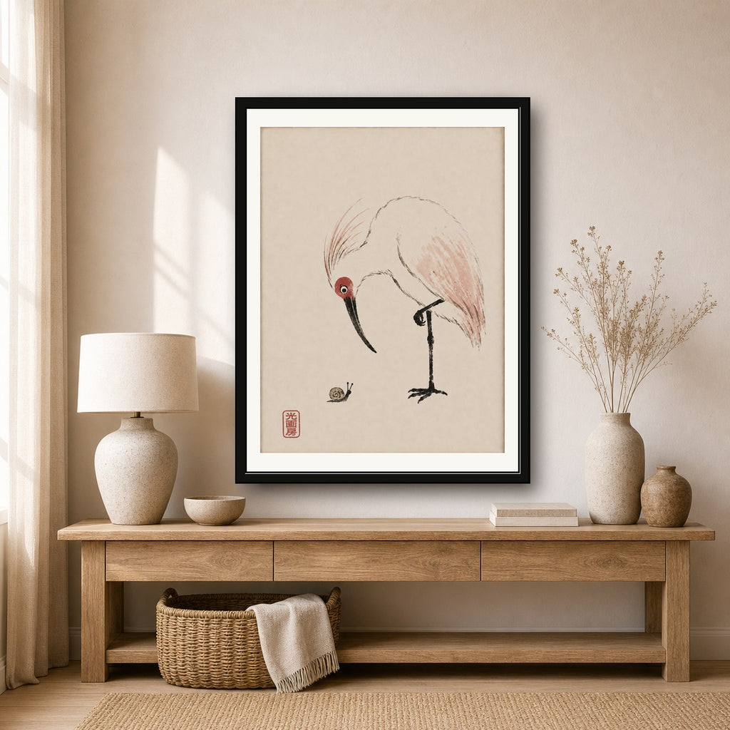 Zen Heron & Snail Art Print, Minimalist Japanese Ink Wash Poster, Tranquil Sumi-e Wall Art in Your Choice of Six Sizes - corrected 3x4 room mockup