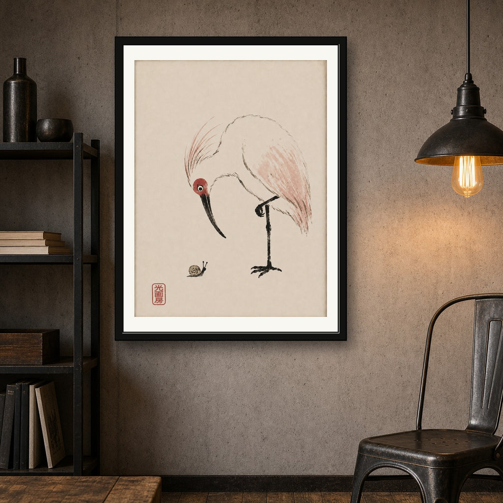 Zen Heron & Snail Art Print, Minimalist Japanese Ink Wash Poster, Tranquil Sumi-e Wall Art in Your Choice of Six Sizes - corrected 3x4 room mockup