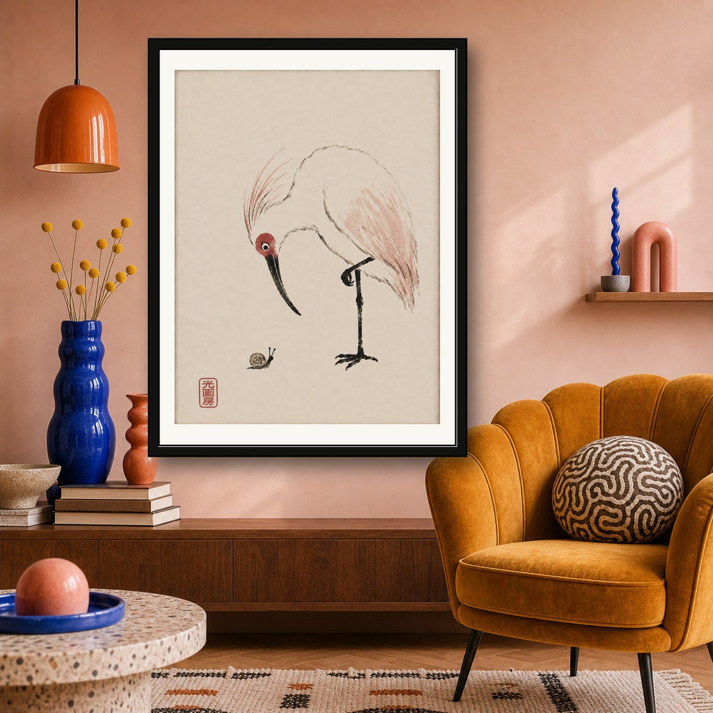 Zen Heron & Snail Art Print, Minimalist Japanese Ink Wash Poster, Tranquil Sumi-e Wall Art in Your Choice of Six Sizes - corrected 3x4 room mockup