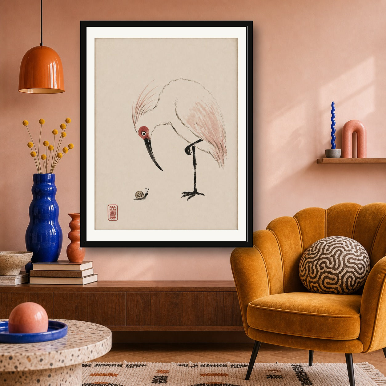 Zen Heron & Snail Art Print, Minimalist Japanese Ink Wash Poster, Tranquil Sumi-e Wall Art in Your Choice of Six Sizes - corrected 3x4 room mockup