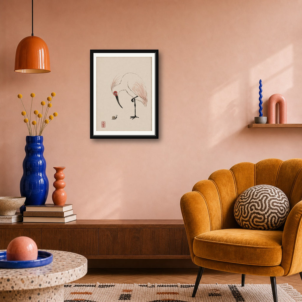 Zen Heron & Snail Art Print, Minimalist Japanese Ink Wash Poster, Tranquil Sumi-e Wall Art in Your Choice of Six Sizes - corrected 3x4 room mockup