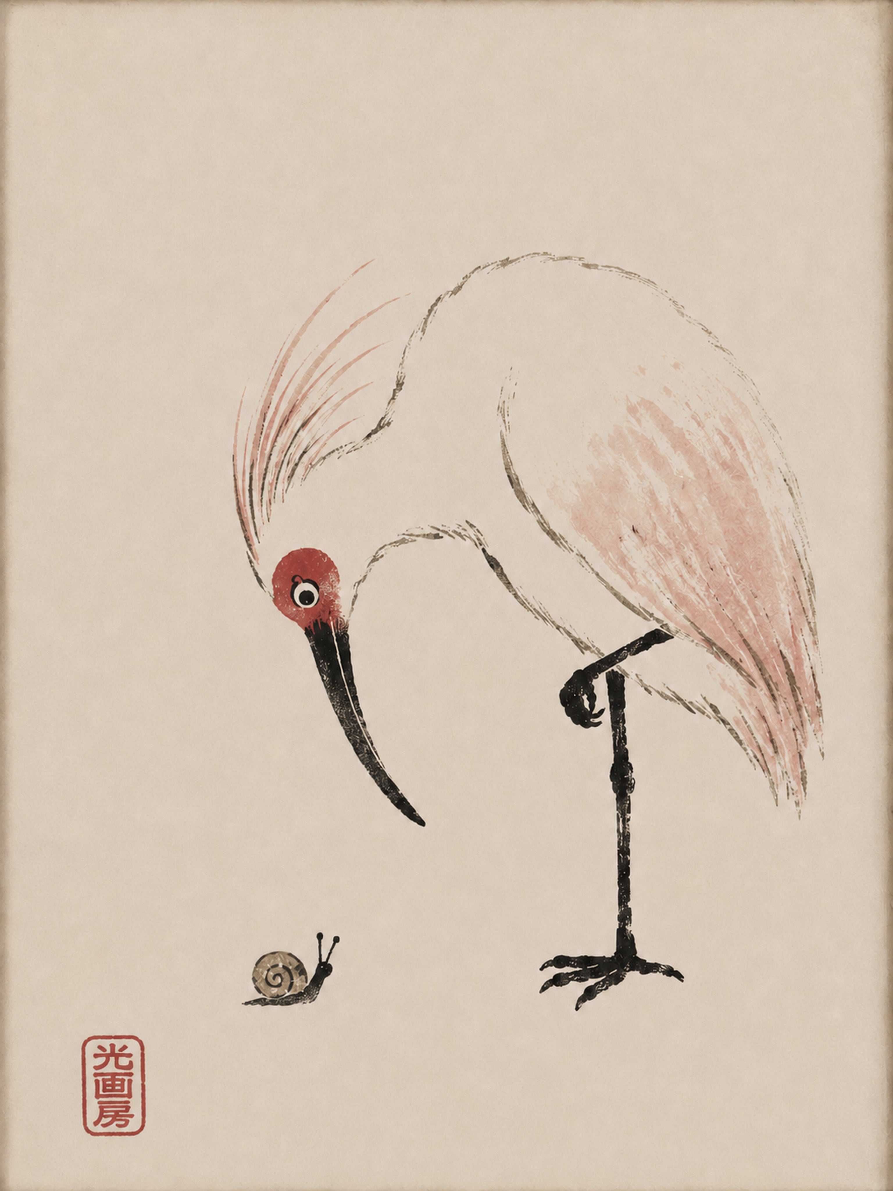 Zen Heron & Snail Art Print, Minimalist Japanese Ink Wash Poster, Tranquil Sumi-e Wall Art in Your Choice of Six Sizes - corrected 3x4 flat artwork