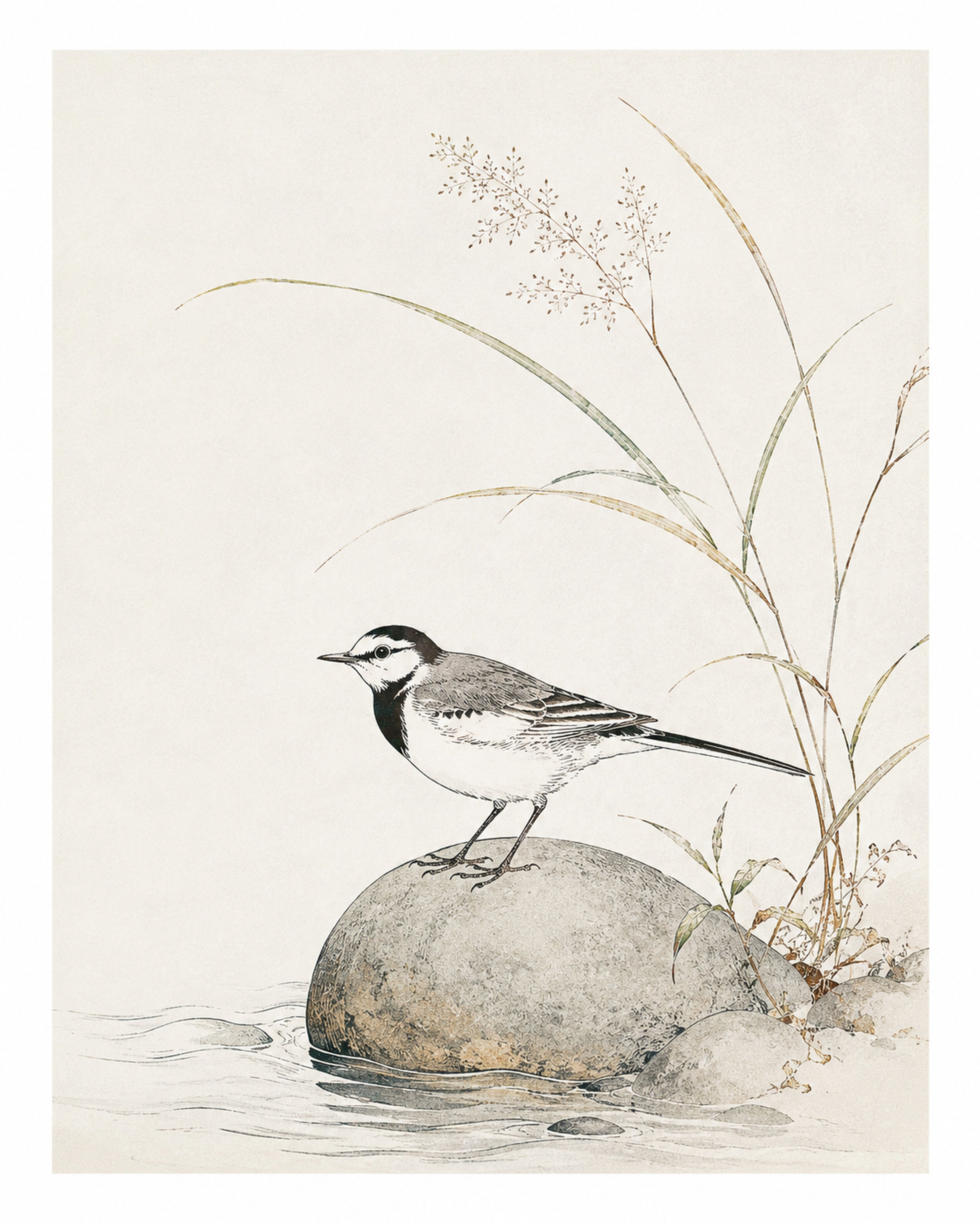 Zen Japanese Bird Art Print, Minimalist Nature Wall Decor, Vintage Wagtail Poster in Your Choice of Six Sizes - corrected 4x5 flat artwork