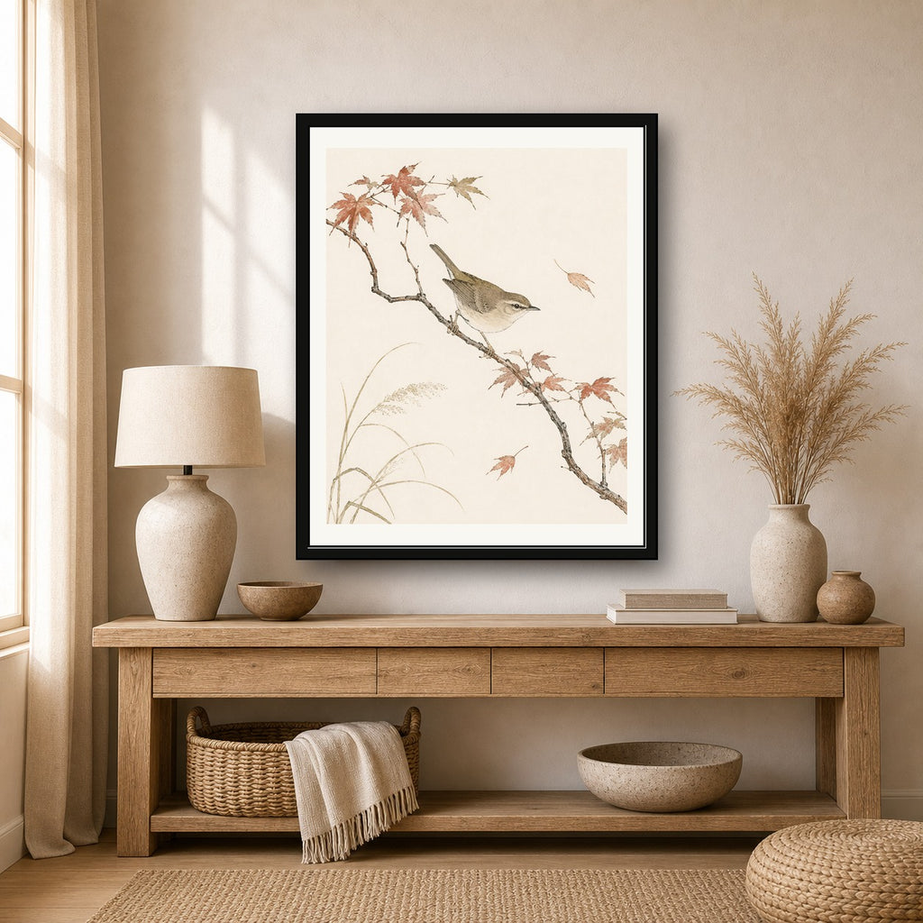 Zen Japanese Bird & Autumn Leaves Art Print, Serene Nature Wall Decor in Various Sizes - corrected 4x5 room mockup