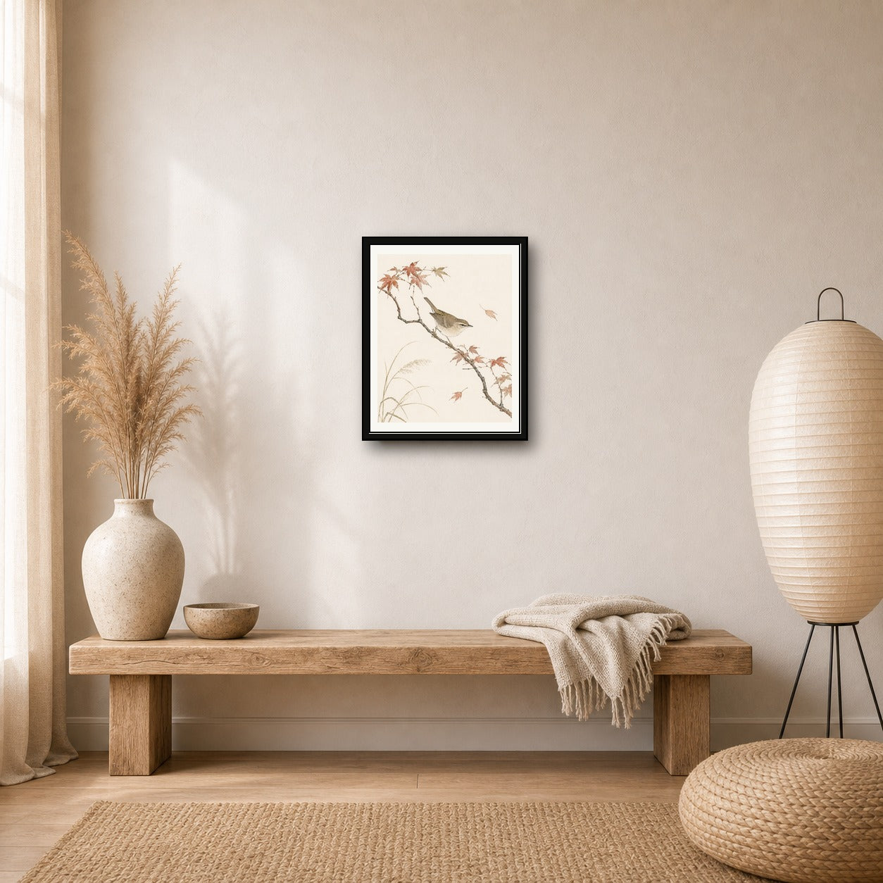 Zen Japanese Bird & Autumn Leaves Art Print, Serene Nature Wall Decor in Various Sizes - corrected 4x5 room mockup