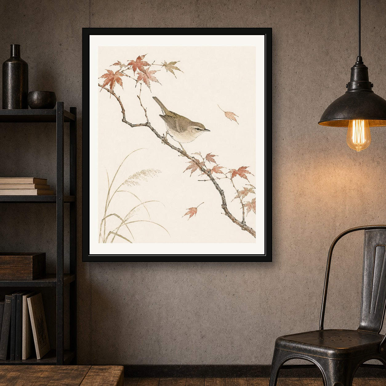 Zen Japanese Bird & Autumn Leaves Art Print, Serene Nature Wall Decor in Various Sizes - corrected 4x5 room mockup