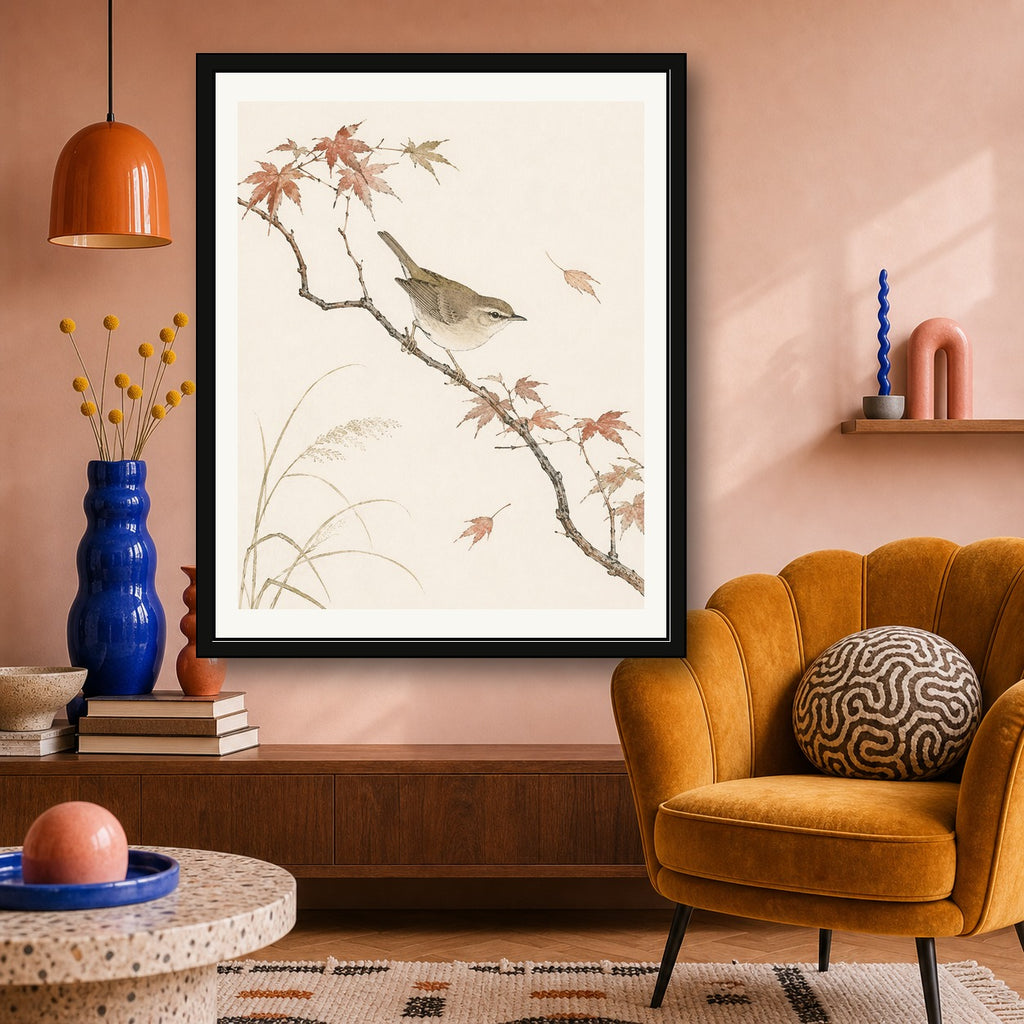 Zen Japanese Bird & Autumn Leaves Art Print, Serene Nature Wall Decor in Various Sizes - corrected 4x5 room mockup