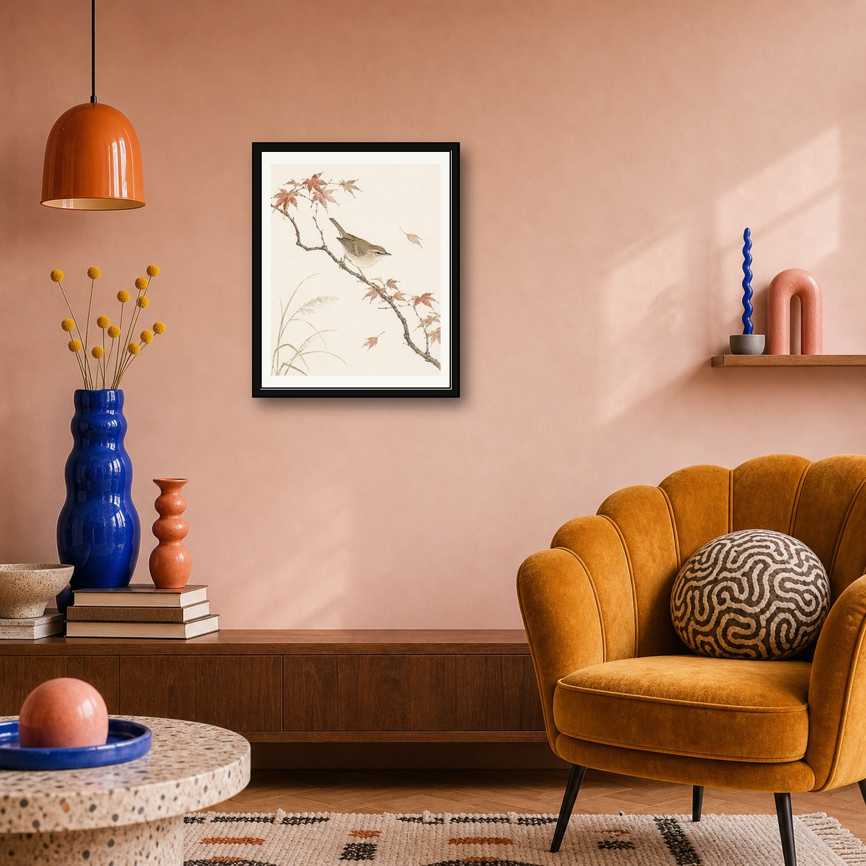 Zen Japanese Bird & Autumn Leaves Art Print, Serene Nature Wall Decor in Various Sizes - corrected 4x5 room mockup