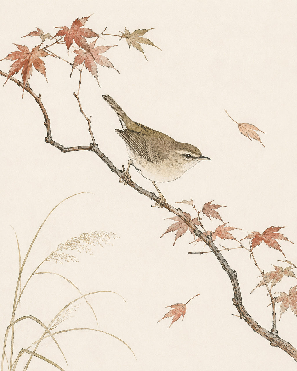 Zen Japanese Bird & Autumn Leaves Art Print, Serene Nature Wall Decor in Various Sizes - corrected 4x5 flat artwork