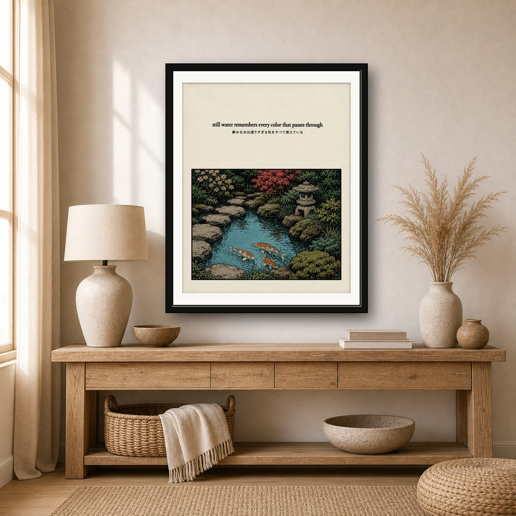 Zen Japanese Garden Koi Pond Poster - Serene Ukiyo-e Style Wall Art, Choose Your Size - corrected 4x5 room mockup
