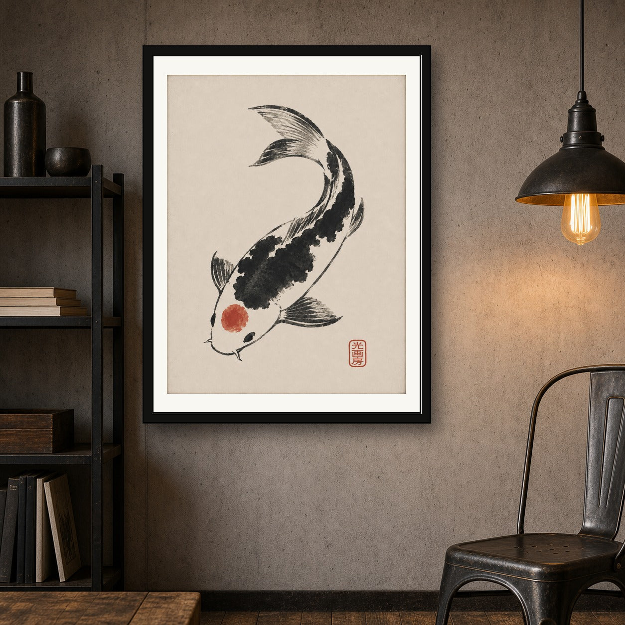 Zen Japanese Koi Fish Poster, Sumi-e Ink Art Print, Traditional Asian Wall Decor - corrected 3x4 room mockup