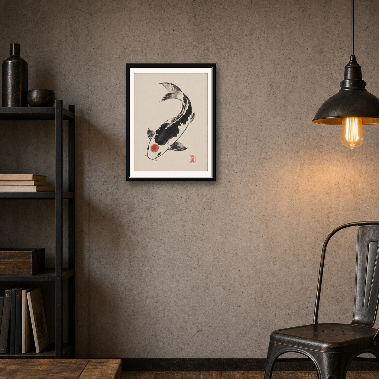 Zen Japanese Koi Fish Poster, Sumi-e Ink Art Print, Traditional Asian Wall Decor - corrected 3x4 room mockup