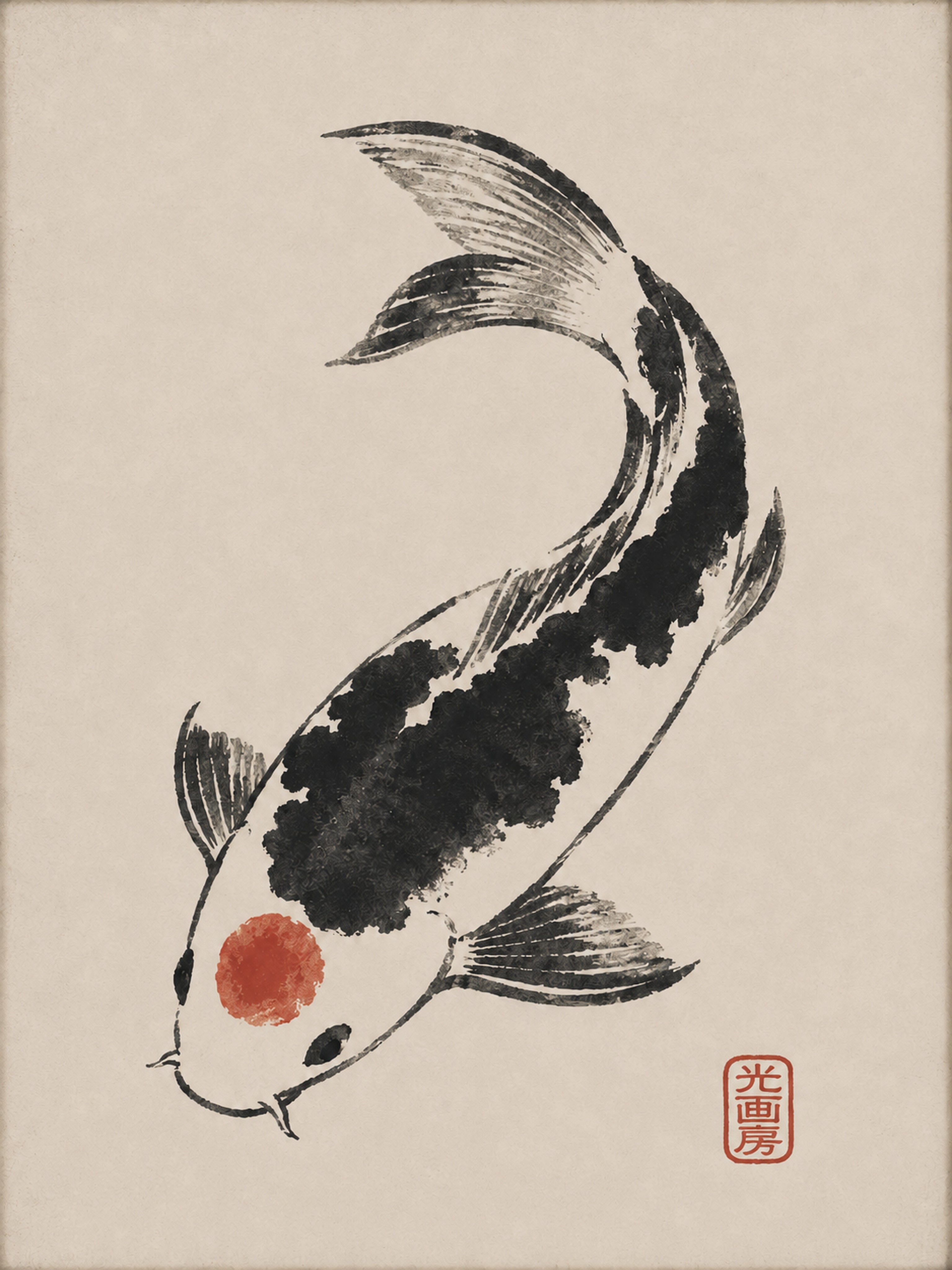 Zen Japanese Koi Fish Poster, Sumi-e Ink Art Print, Traditional Asian Wall Decor - corrected 3x4 flat artwork