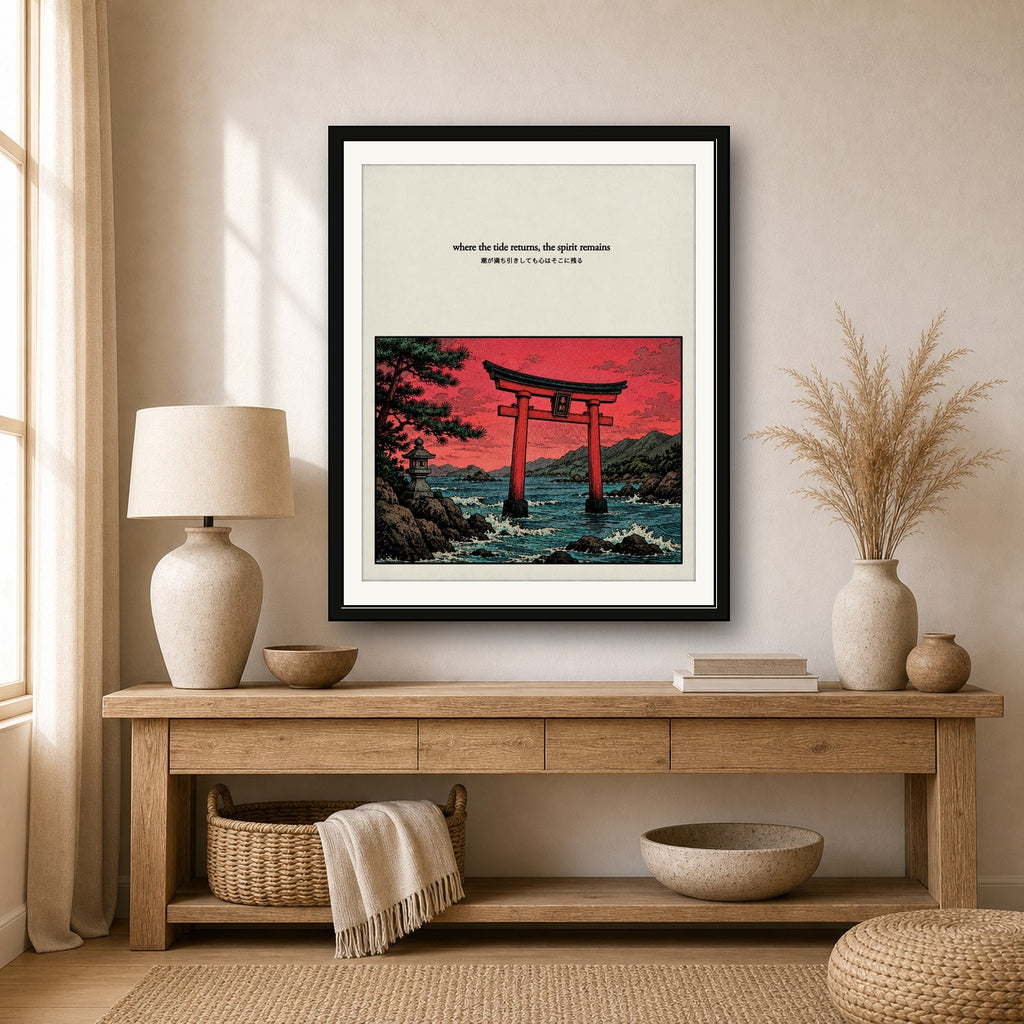 Zen Japanese Torii Gate Poster, Red Sky Wall Art, Serene Travel Print in Multiple Sizes - corrected 4x5 room mockup