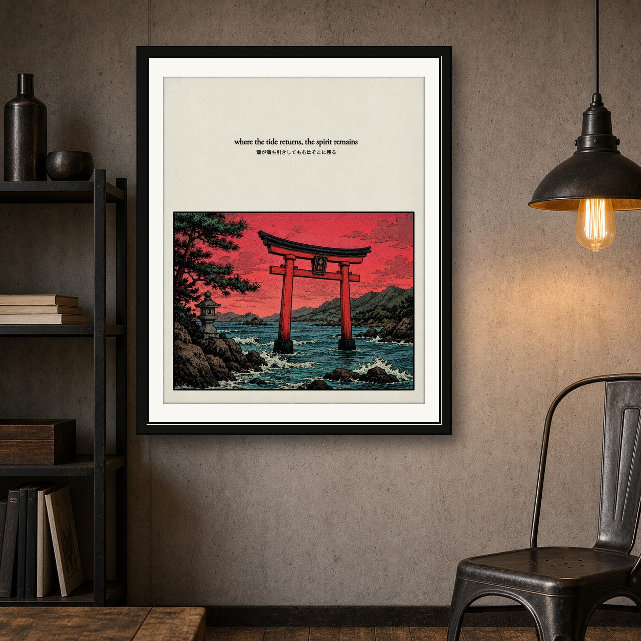 Zen Japanese Torii Gate Poster, Red Sky Wall Art, Serene Travel Print in Multiple Sizes - corrected 4x5 room mockup