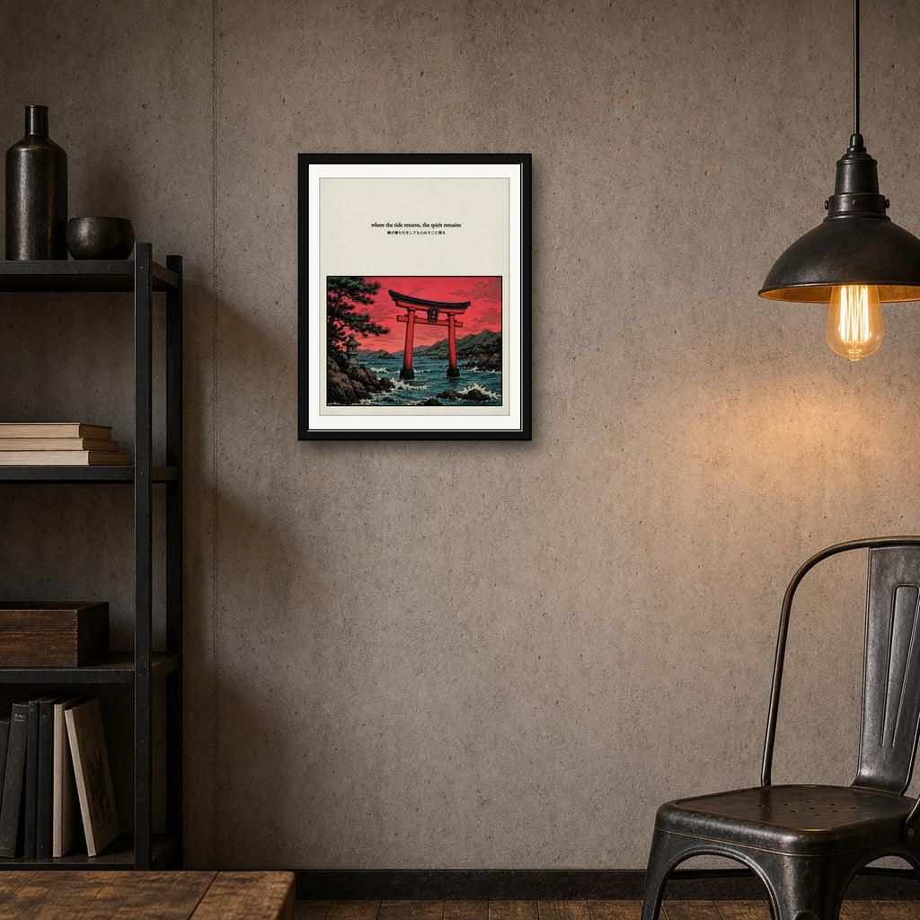 Zen Japanese Torii Gate Poster, Red Sky Wall Art, Serene Travel Print in Multiple Sizes - corrected 4x5 room mockup