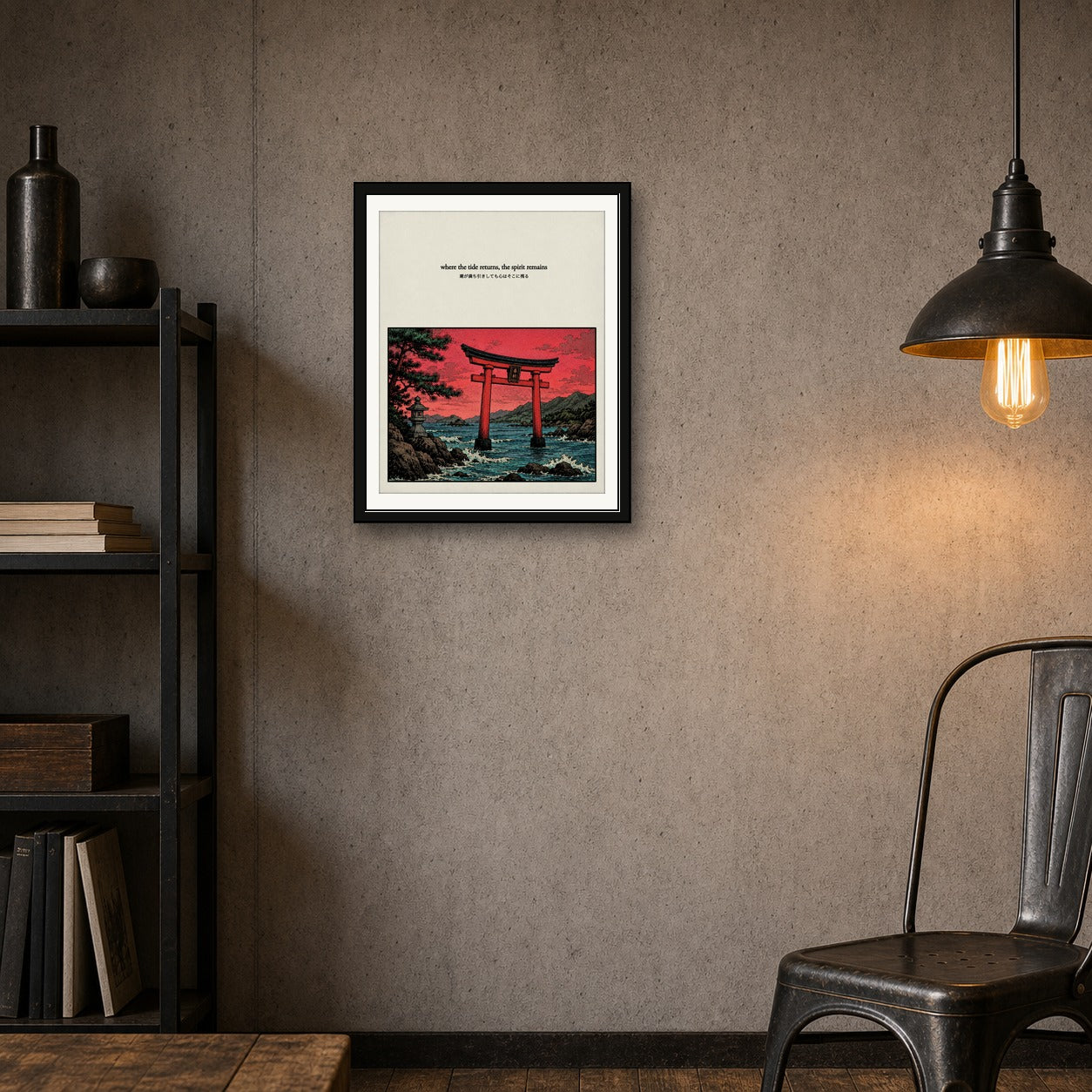 Zen Japanese Torii Gate Poster, Red Sky Wall Art, Serene Travel Print in Multiple Sizes - corrected 4x5 room mockup