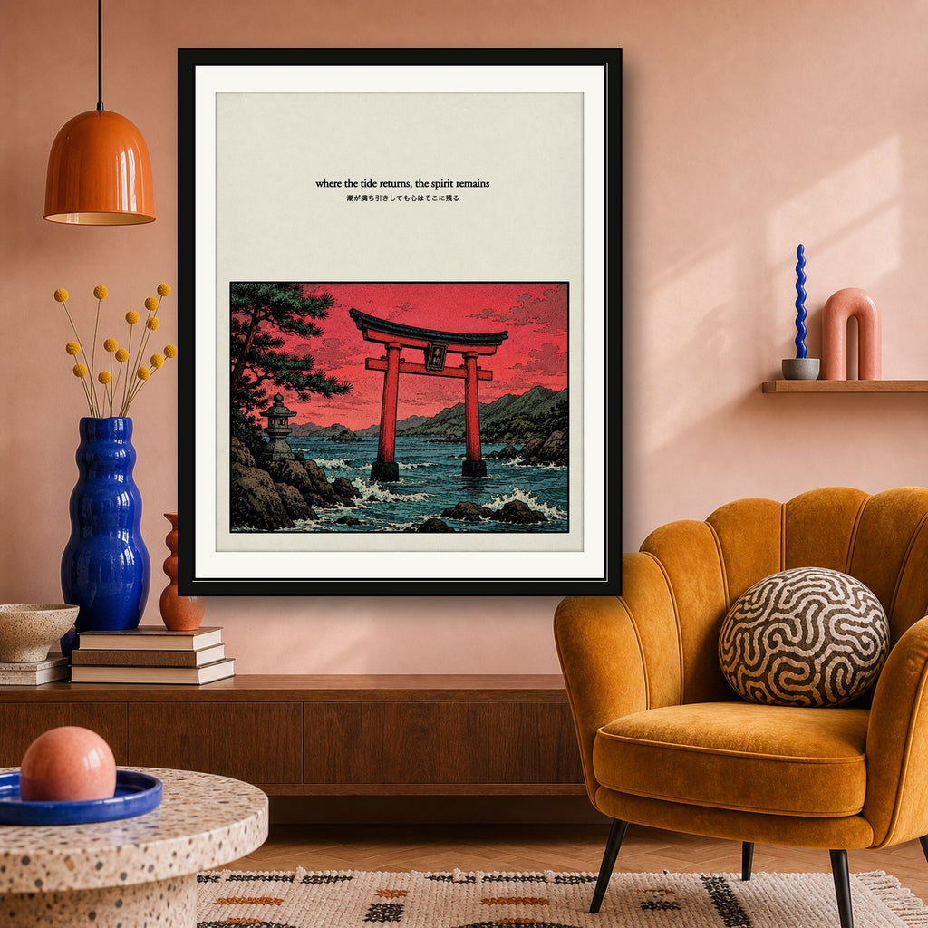 Zen Japanese Torii Gate Poster, Red Sky Wall Art, Serene Travel Print in Multiple Sizes - corrected 4x5 room mockup