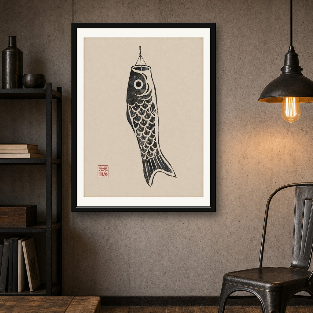 Zen Koinobori Poster, Japanese Carp Streamer Art, Minimalist Asian Home Decor Print, in your choice of six sizes - corrected 3x4 room mockup