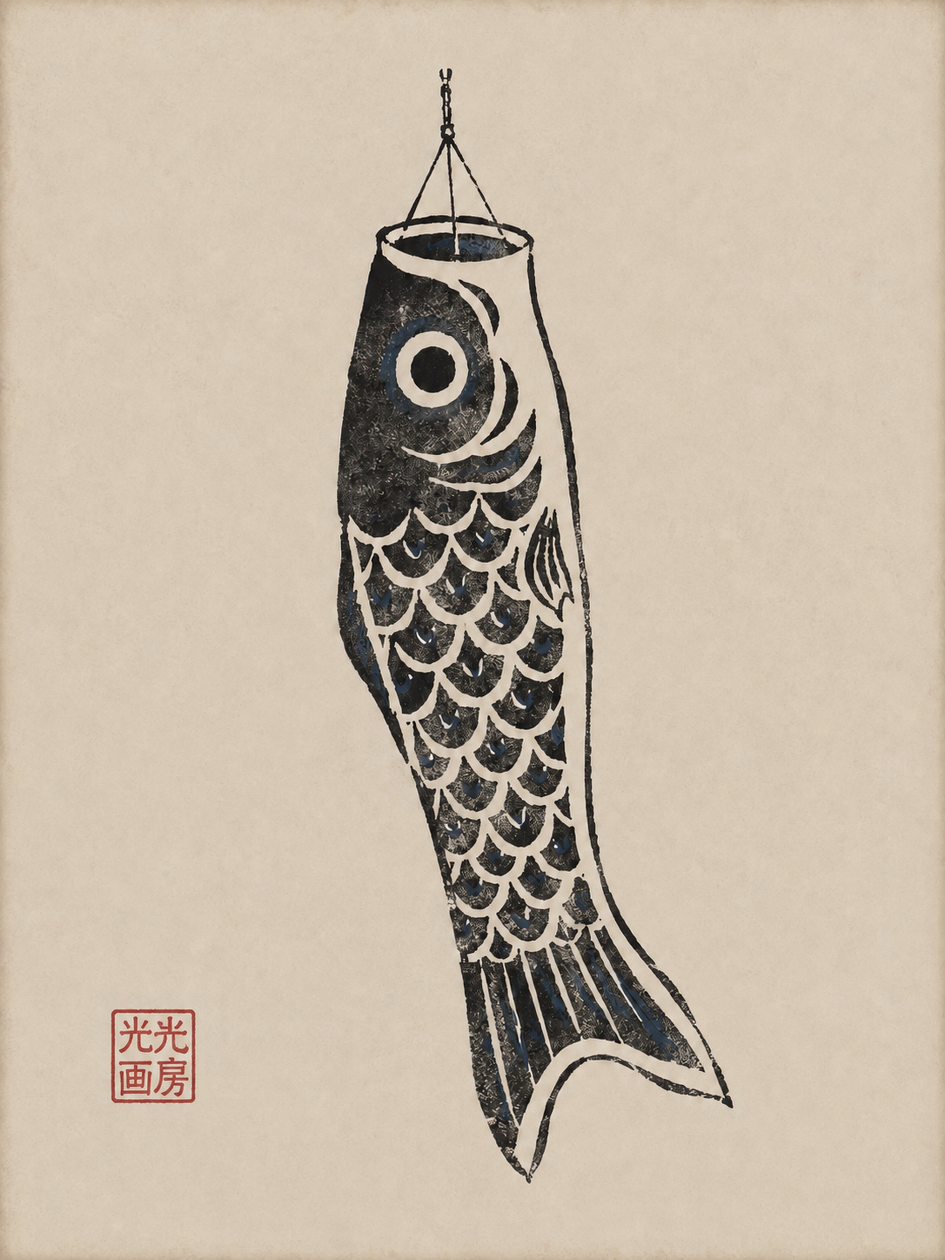 Zen Koinobori Poster, Japanese Carp Streamer Art, Minimalist Asian Home Decor Print, in your choice of six sizes - corrected 3x4 flat artwork