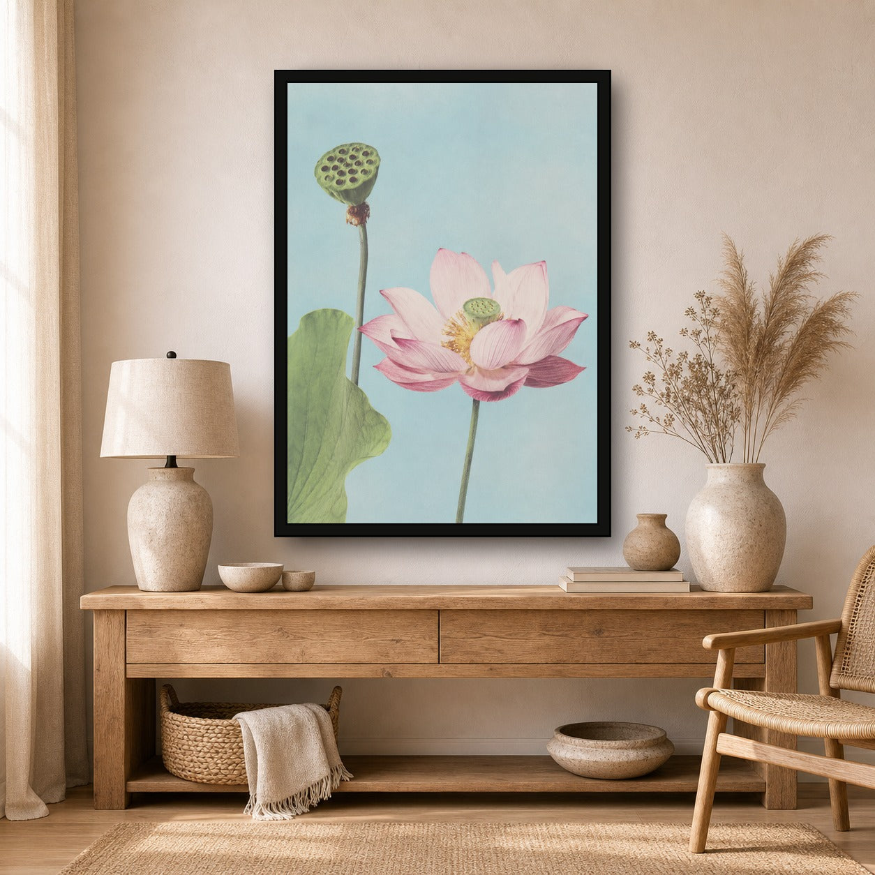 Lotus Bloom Botanical Japanese inspired poster print for modern wall decor
