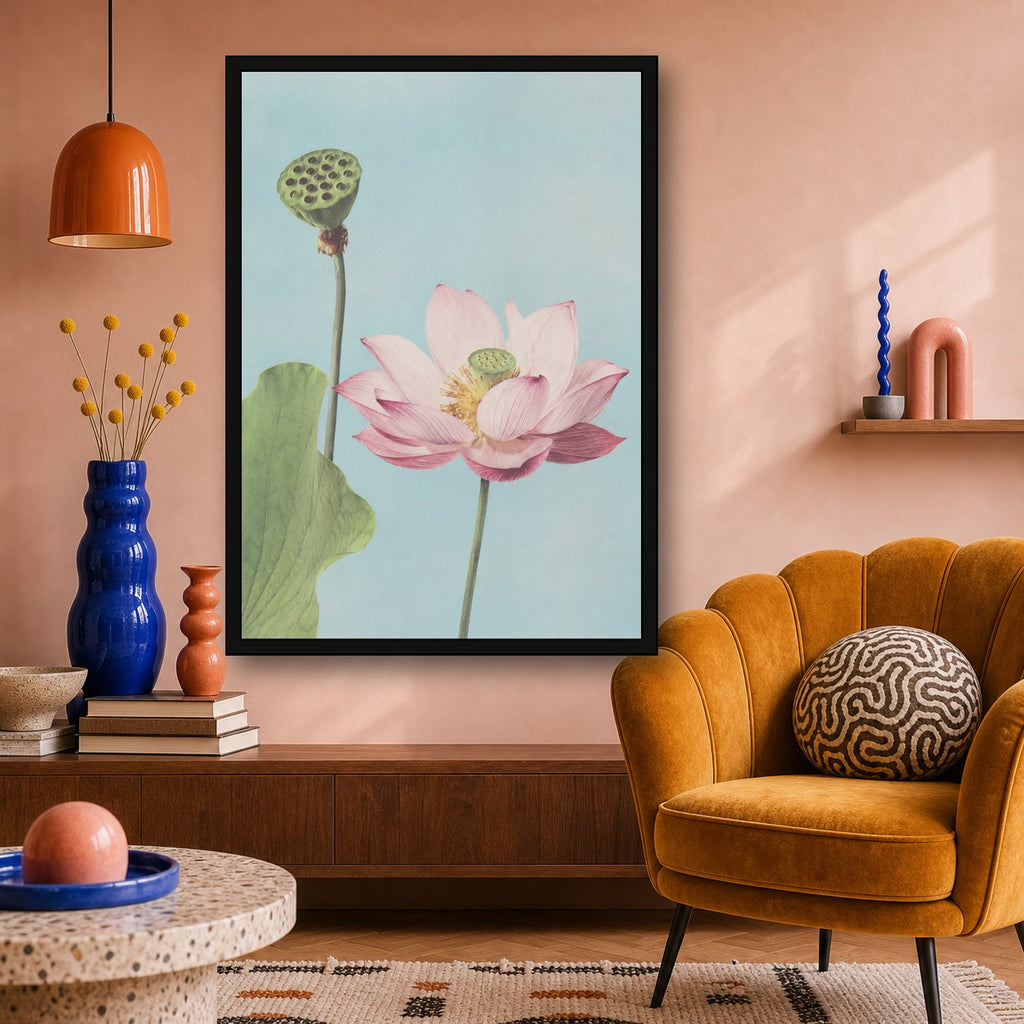 Lotus Bloom Botanical Japanese inspired poster print for modern wall decor