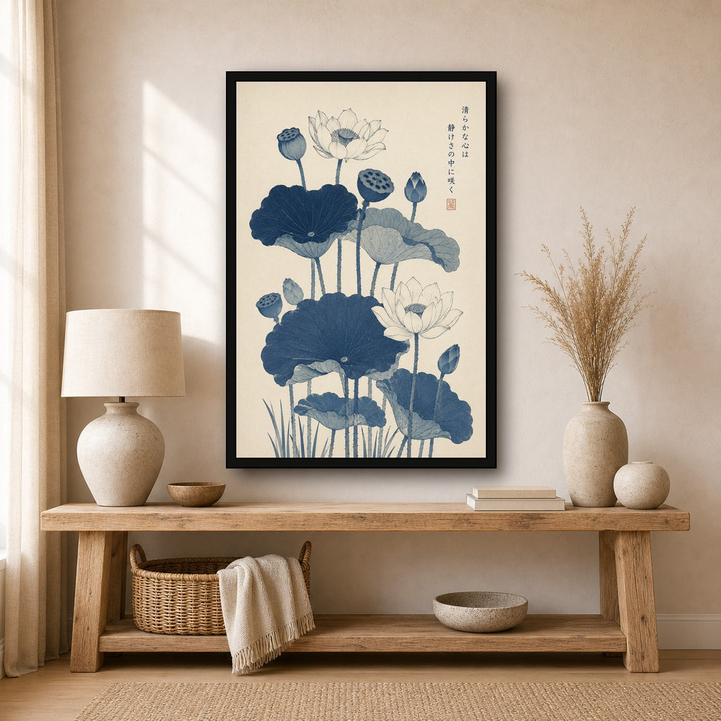 Zen Lotus Pond Watercolor Poster, Japanese Botanical Wall Art, Serene Sage Green Nature Print - 2x3 room mockup