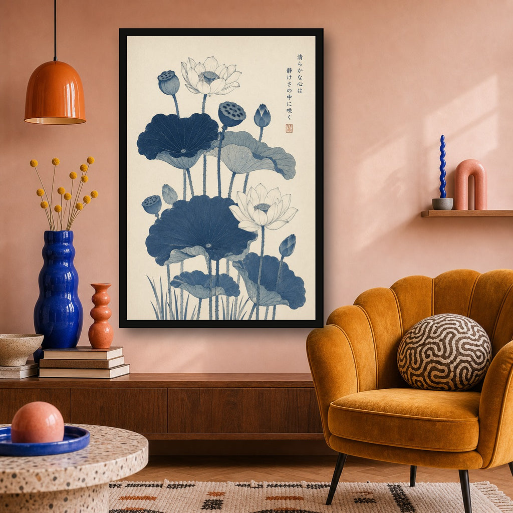 Zen Lotus Pond Watercolor Poster, Japanese Botanical Wall Art, Serene Sage Green Nature Print - 2x3 room mockup